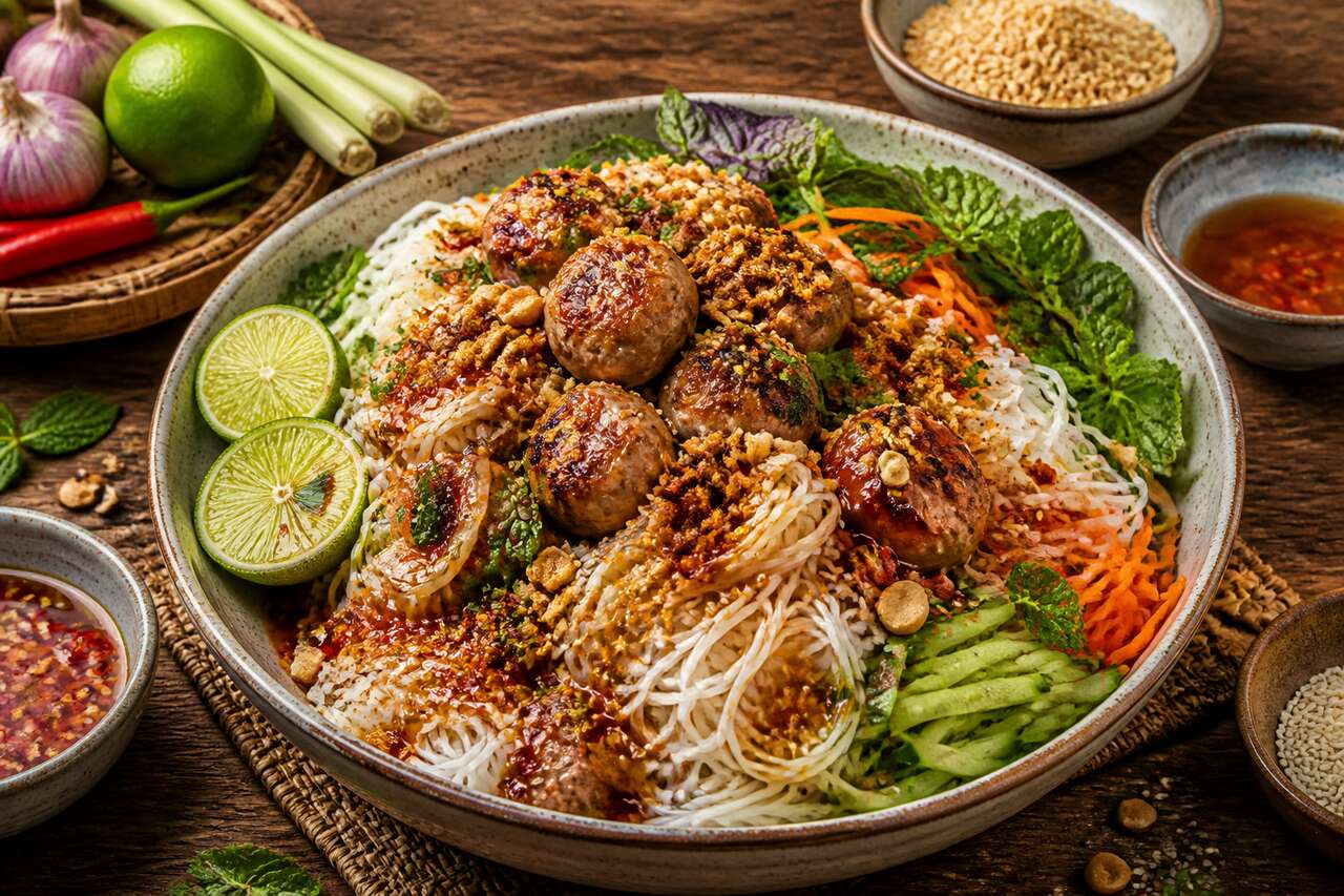 Recette de salade vietnamienne : boulettes et nouilles de riz
