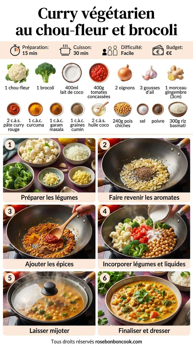Fiche recette Curry végétarien au chou-fleur et brocoli : recette savoureuse Fiche recette Curry végétarien au chou-fleur et brocoli : recette savoureuse