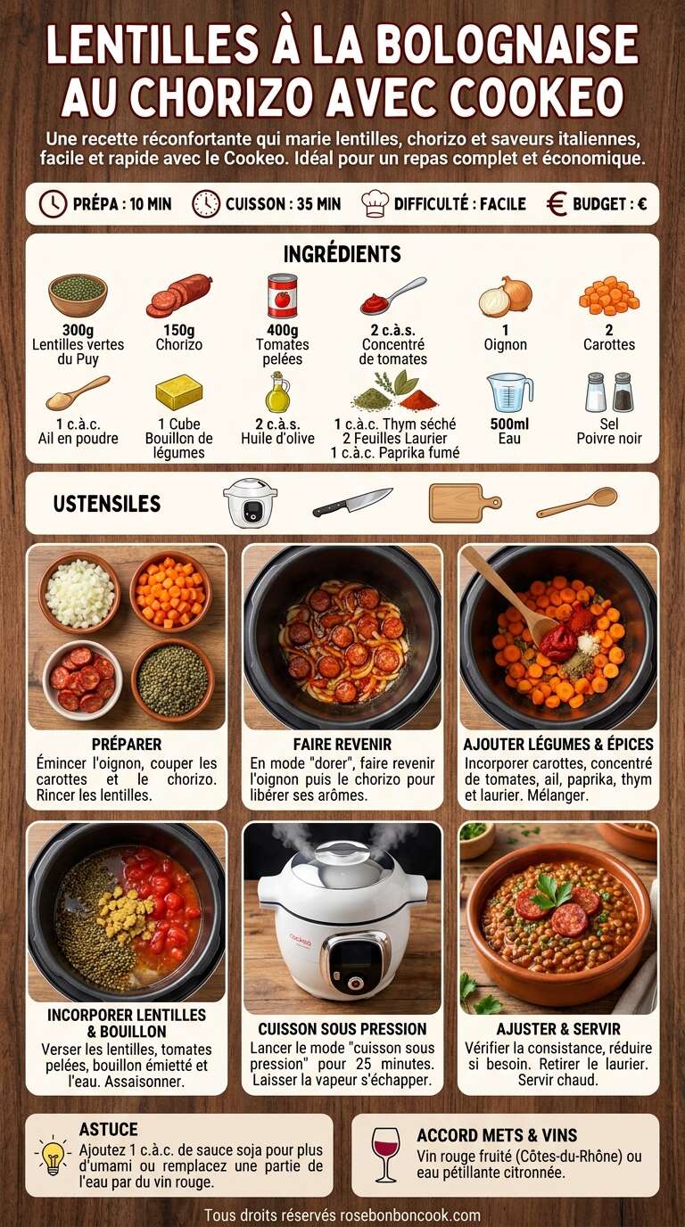 Fiche recette Lentilles à la bolognaise au chorizo avec Cookeo Fiche recette Lentilles à la bolognaise au chorizo avec Cookeo