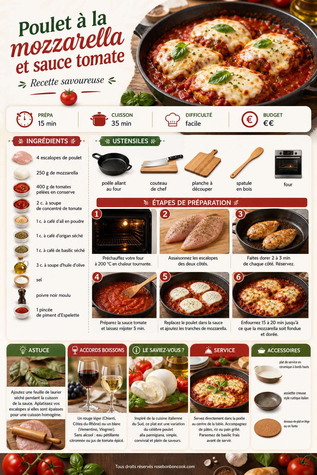 Fiche recette Poulet &agrave; la mozzarella et sauce tomate : recette savoureuse