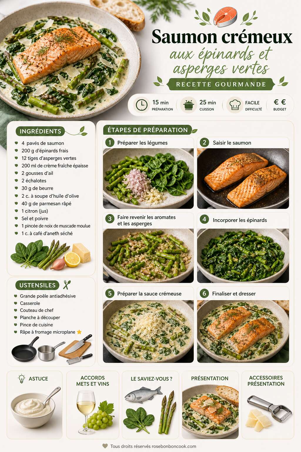 Fiche recette Saumon cr&eacute;meux aux &eacute;pinards et asperges vertes : recette gourmande