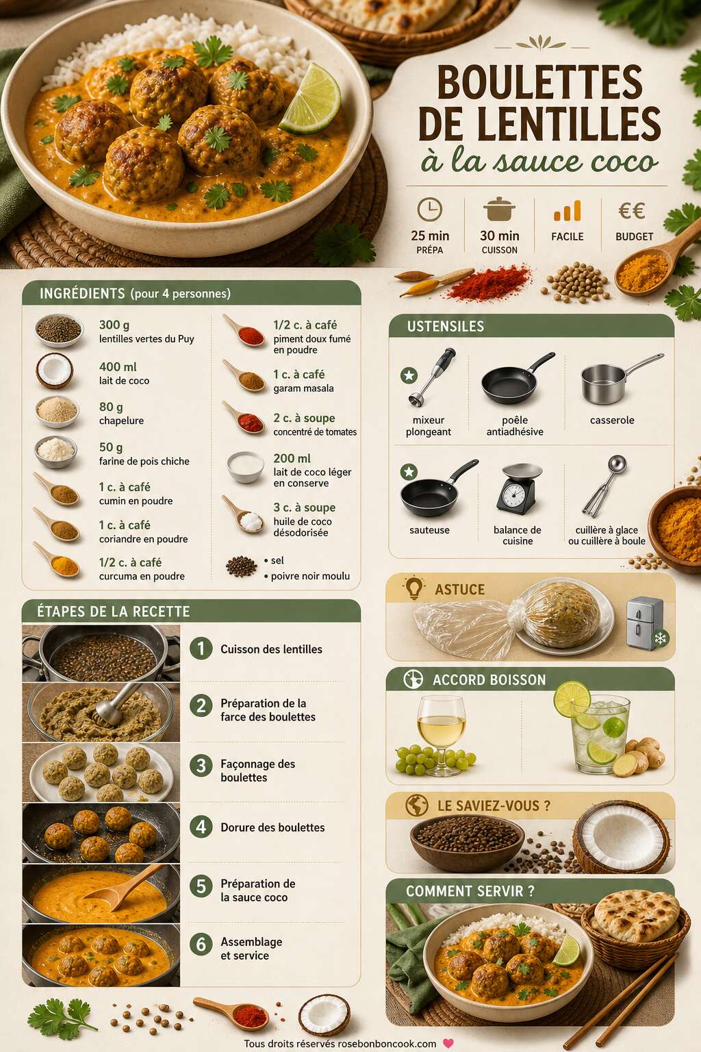 Fiche recette Boulettes de lentilles &agrave; la sauce coco : recette savoureuse et saine
