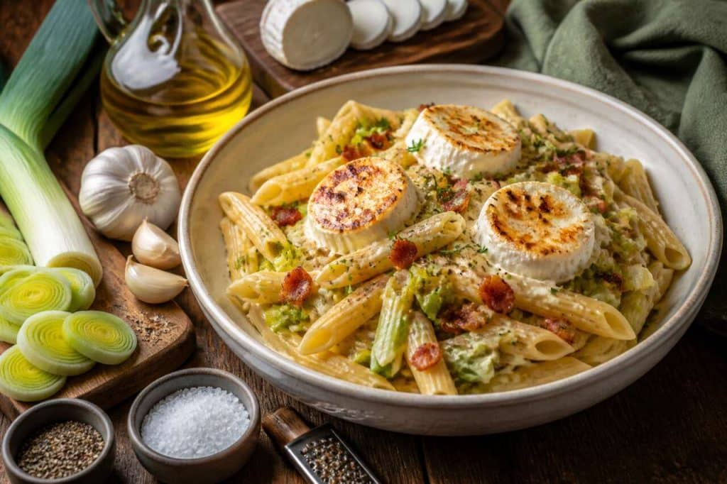 Pâtes au poireau, lardons et chèvre : recette gourmande