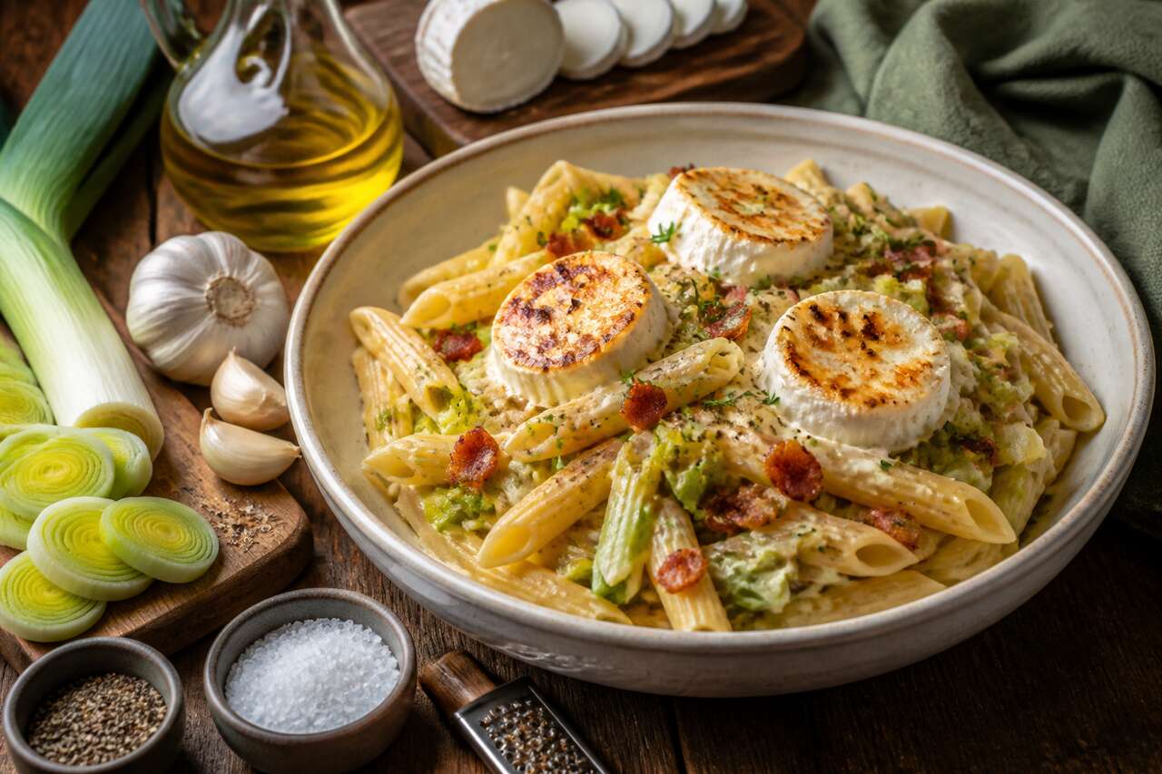 Pâtes au poireau, lardons et chèvre : recette gourmande