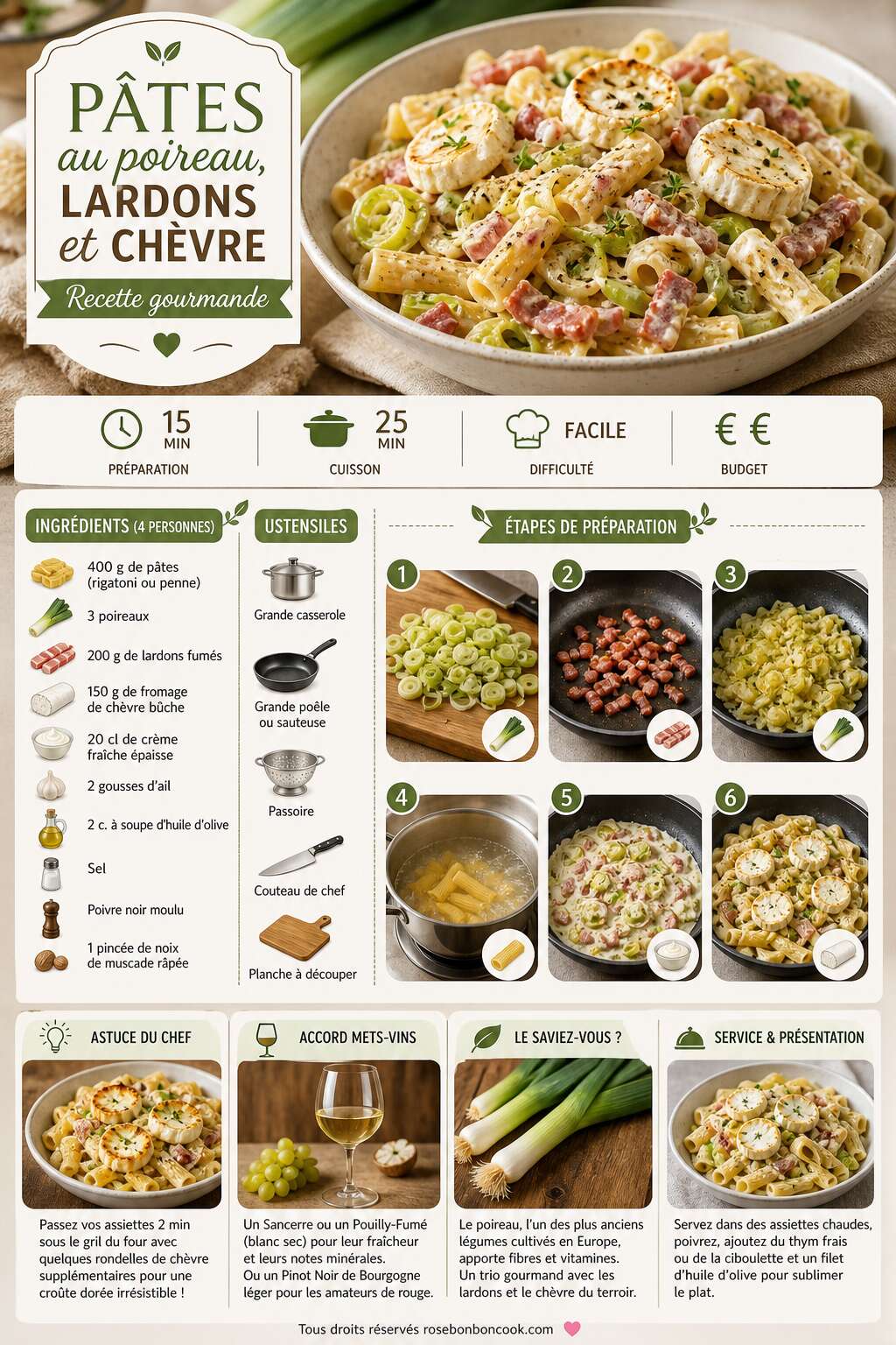 Fiche recette P&acirc;tes au poireau, lardons et ch&egrave;vre : recette gourmande