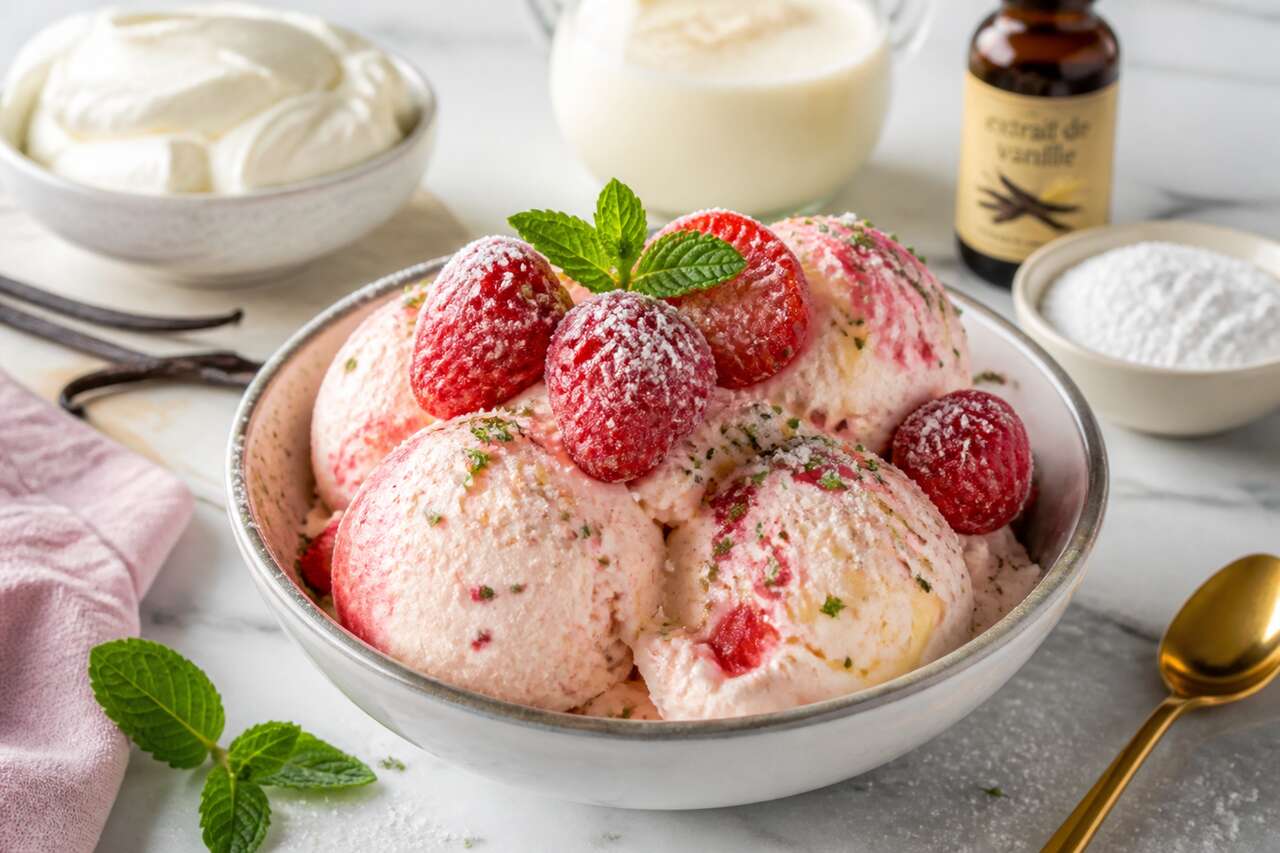 Recette de glace express fraise menthe, chantilly mascarpone avec le Companion