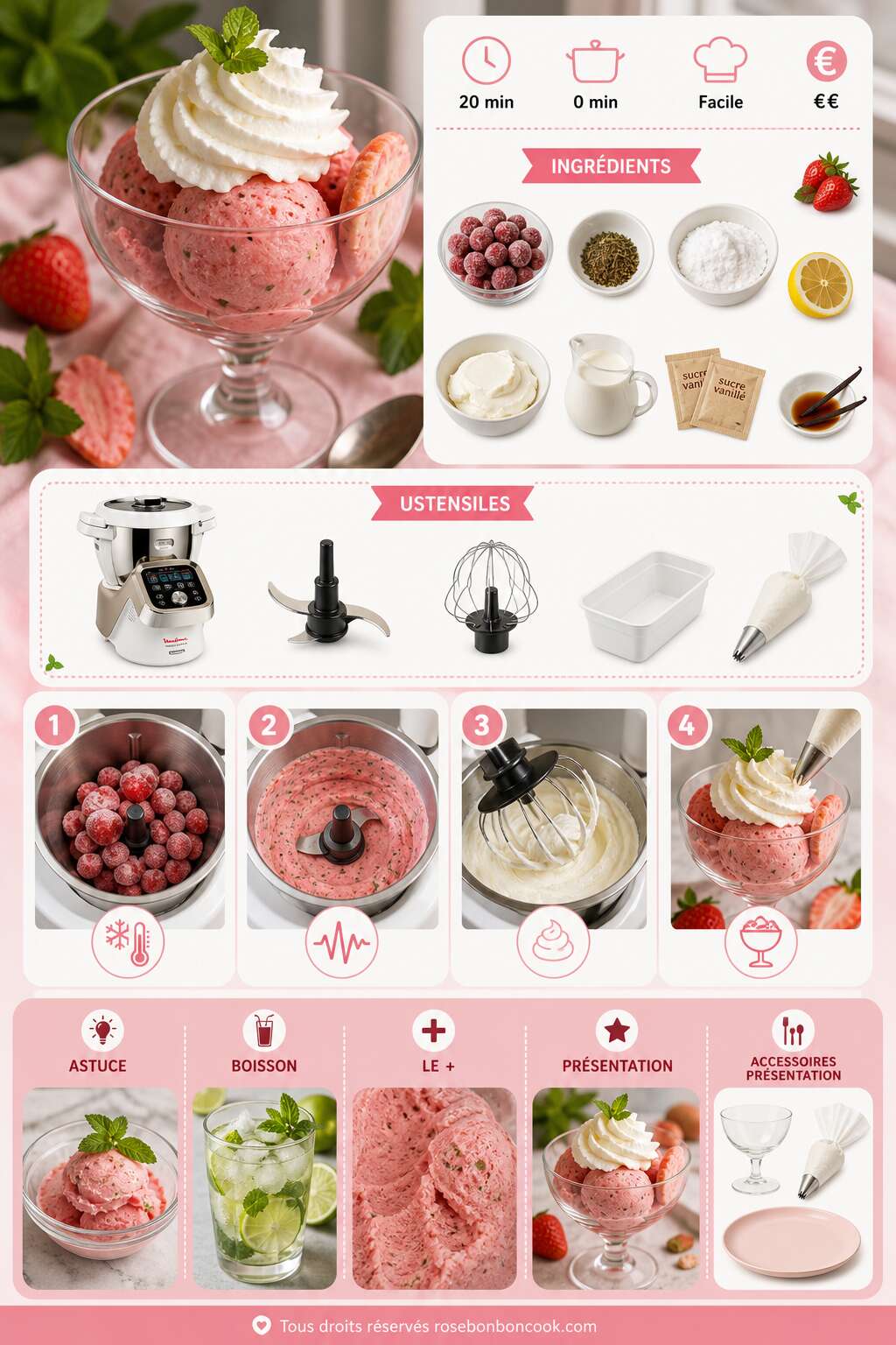 Fiche recette Recette de glace express fraise menthe, chantilly mascarpone avec le Companion Fiche recette Recette de glace express fraise menthe, chantilly mascarpone avec le Companion