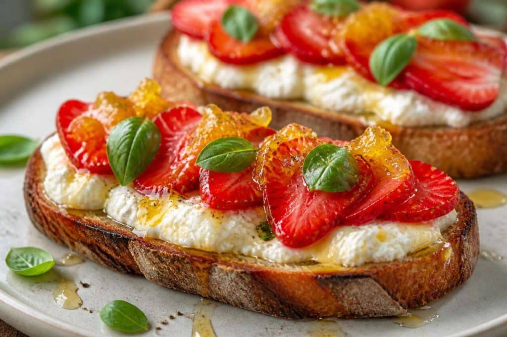 Bruschetta chèvre fraises au confit de pissenlit : recette gourmande