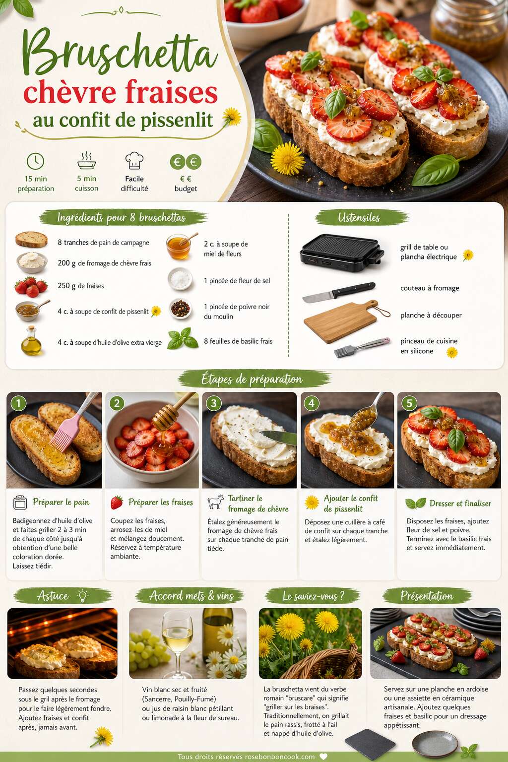 Fiche recette Bruschetta ch&egrave;vre fraises au confit de pissenlit : recette gourmande
