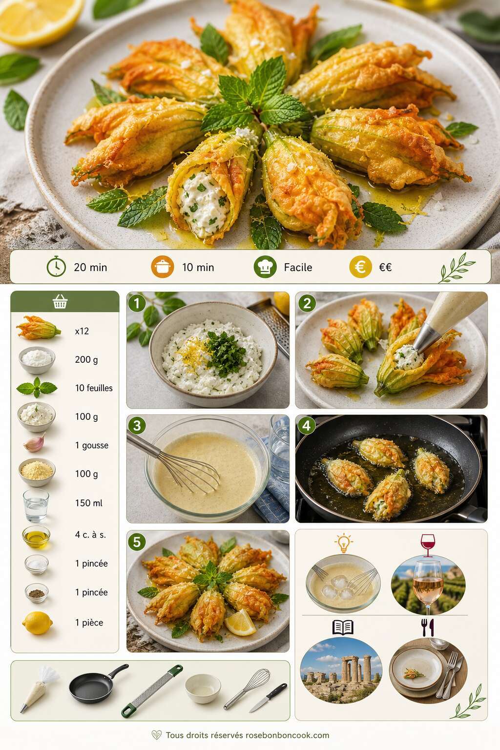 Fiche recette Fleurs de courgettes farcies au ch&egrave;vre et &agrave; la menthe