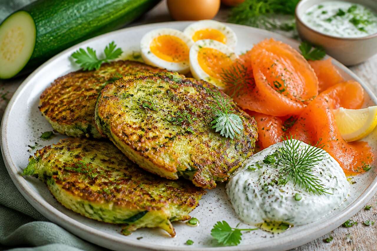 Röstis de courgettes au saumon fumé et sauce yaourt aux herbes