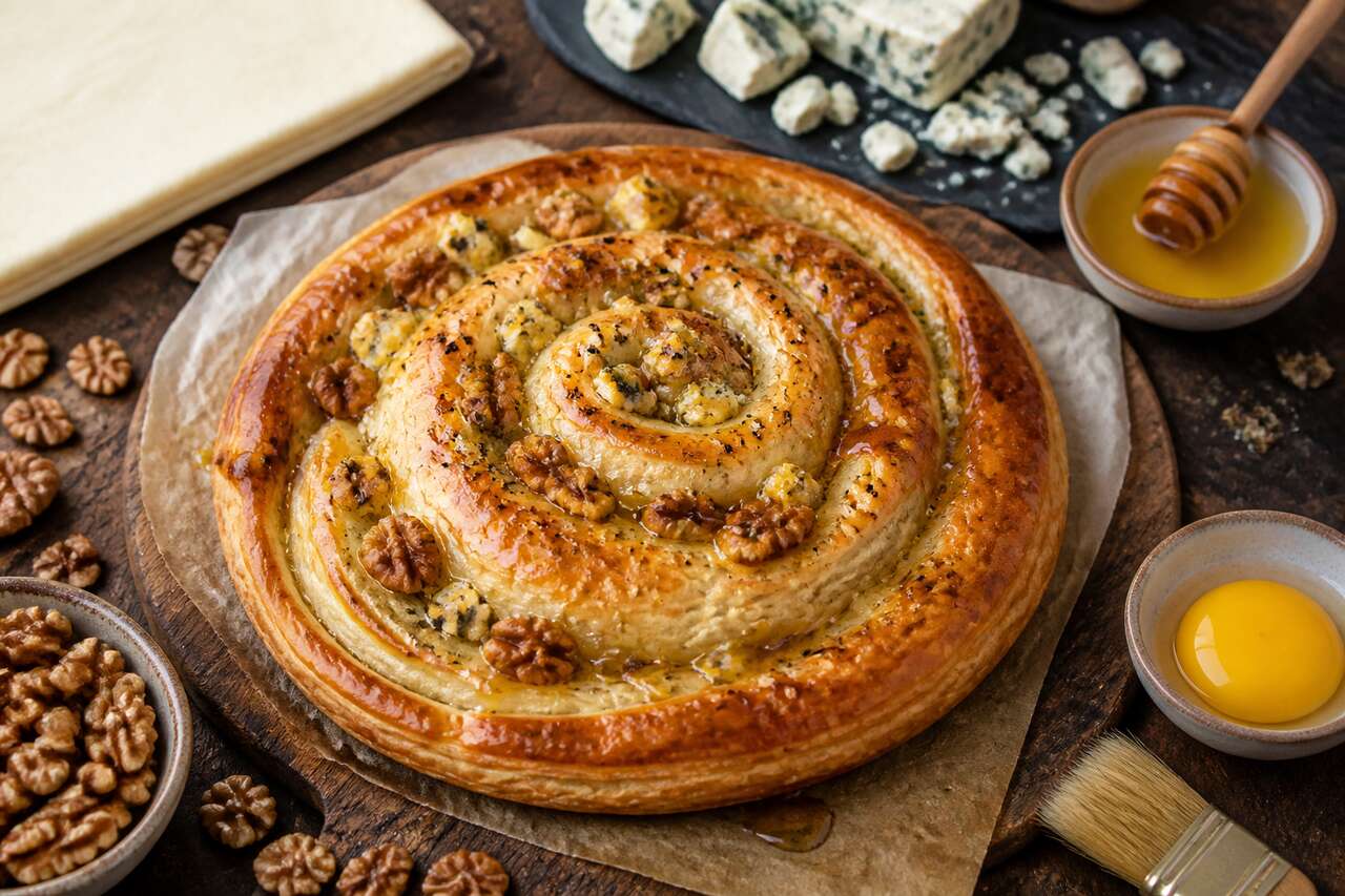 Spirale feuilletée au gorgonzola, noix et miel : la recette gourmande
