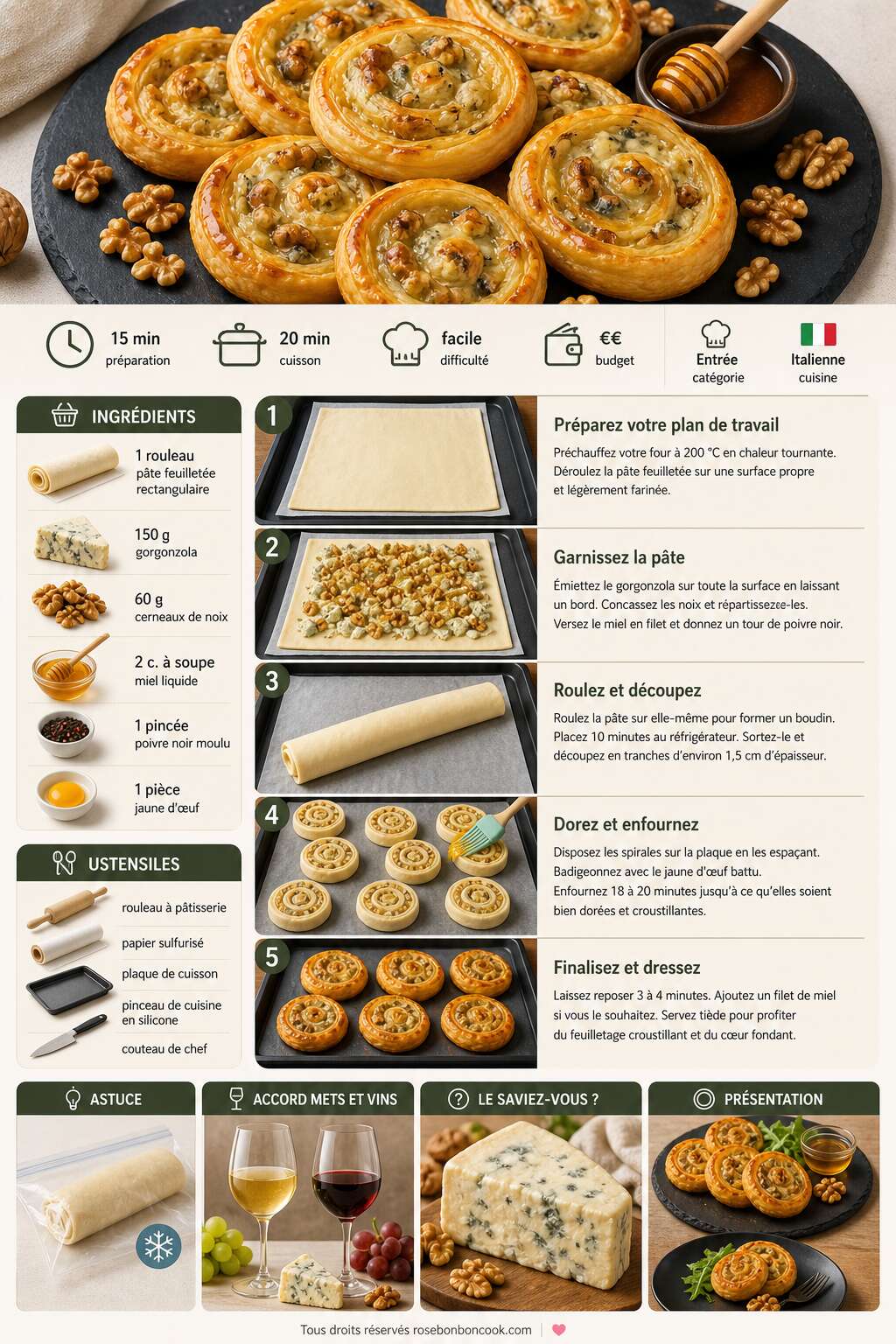 Fiche recette Spirale feuillet&eacute;e au gorgonzola, noix et miel : la recette gourmande