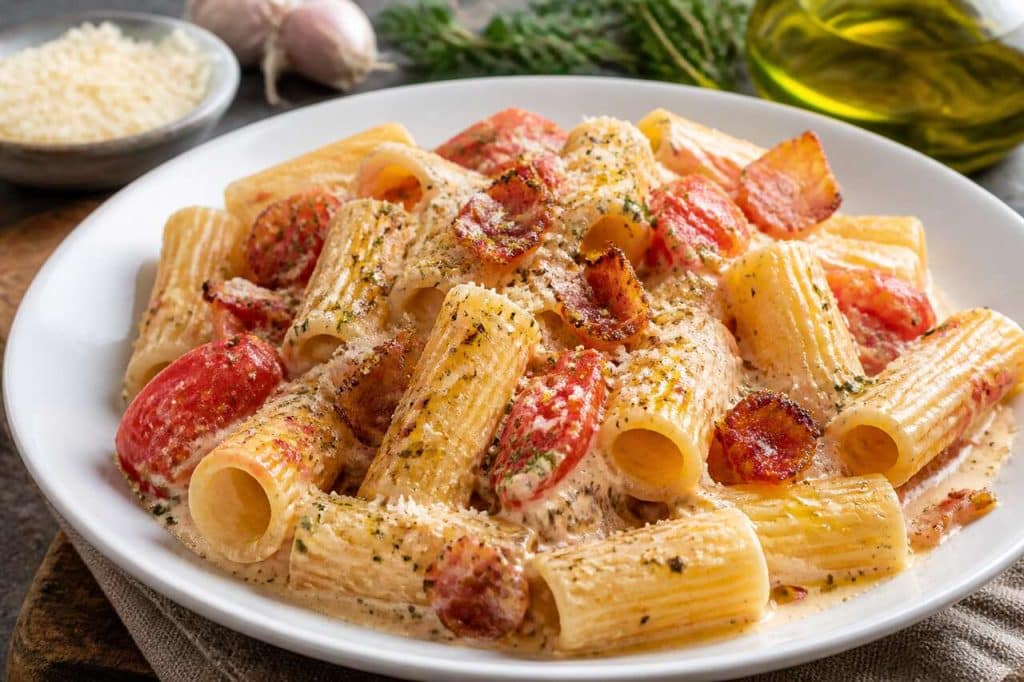 Pâtes crémeuses au mascarpone, tomates et lardons