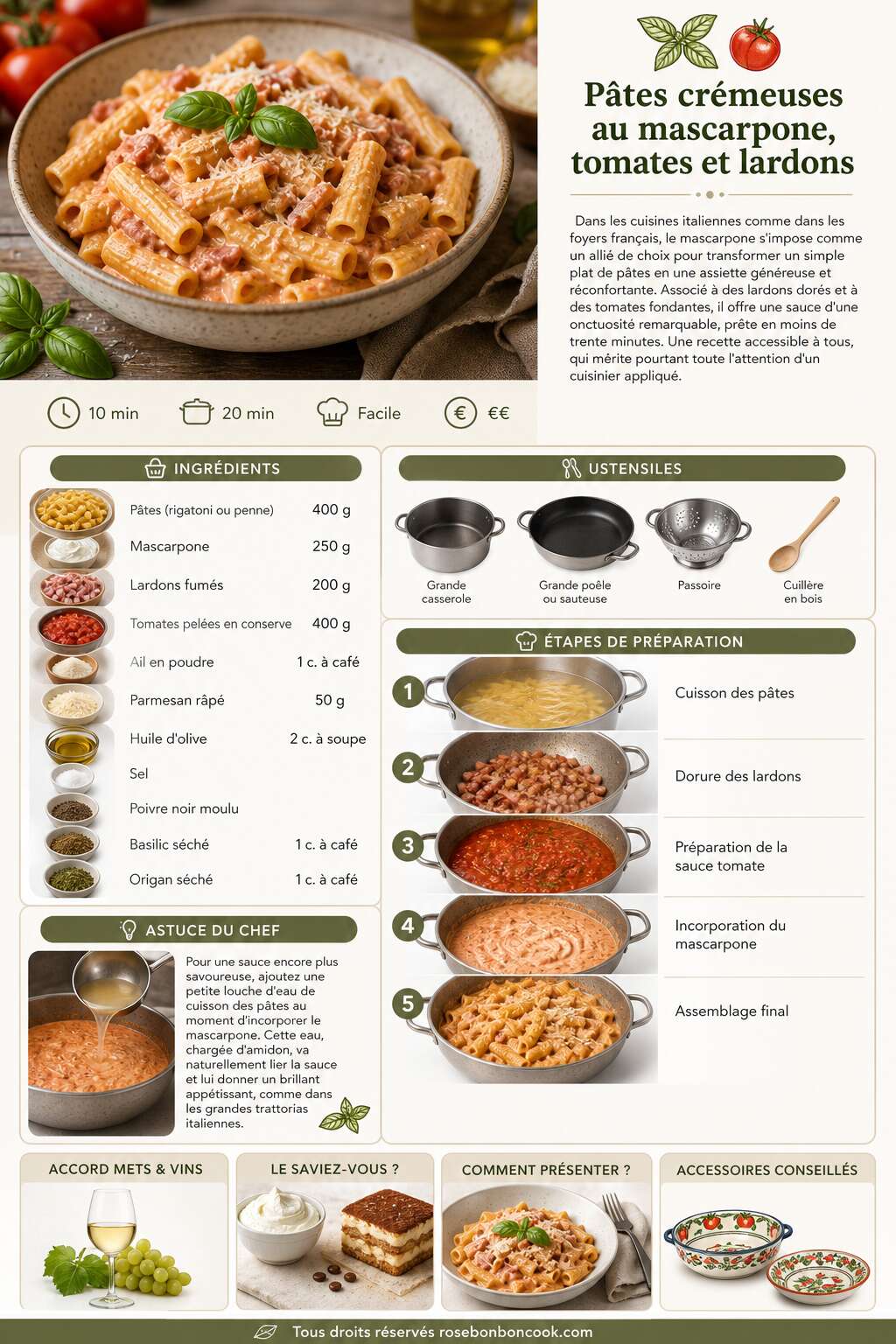 Fiche recette P&acirc;tes cr&eacute;meuses au mascarpone, tomates et lardons