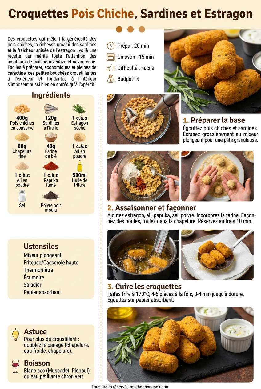 Fiche recette Recette de croquettes pois chiche, sardines et estragon