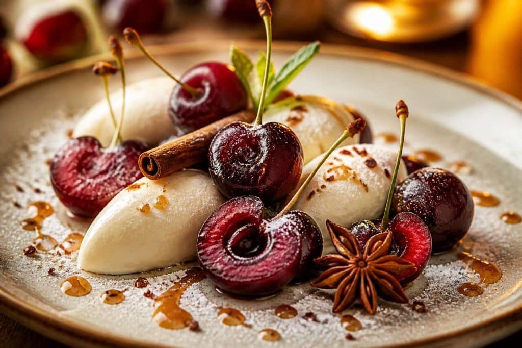 Recette de cerises au rooibos, sorbet au fromage blanc