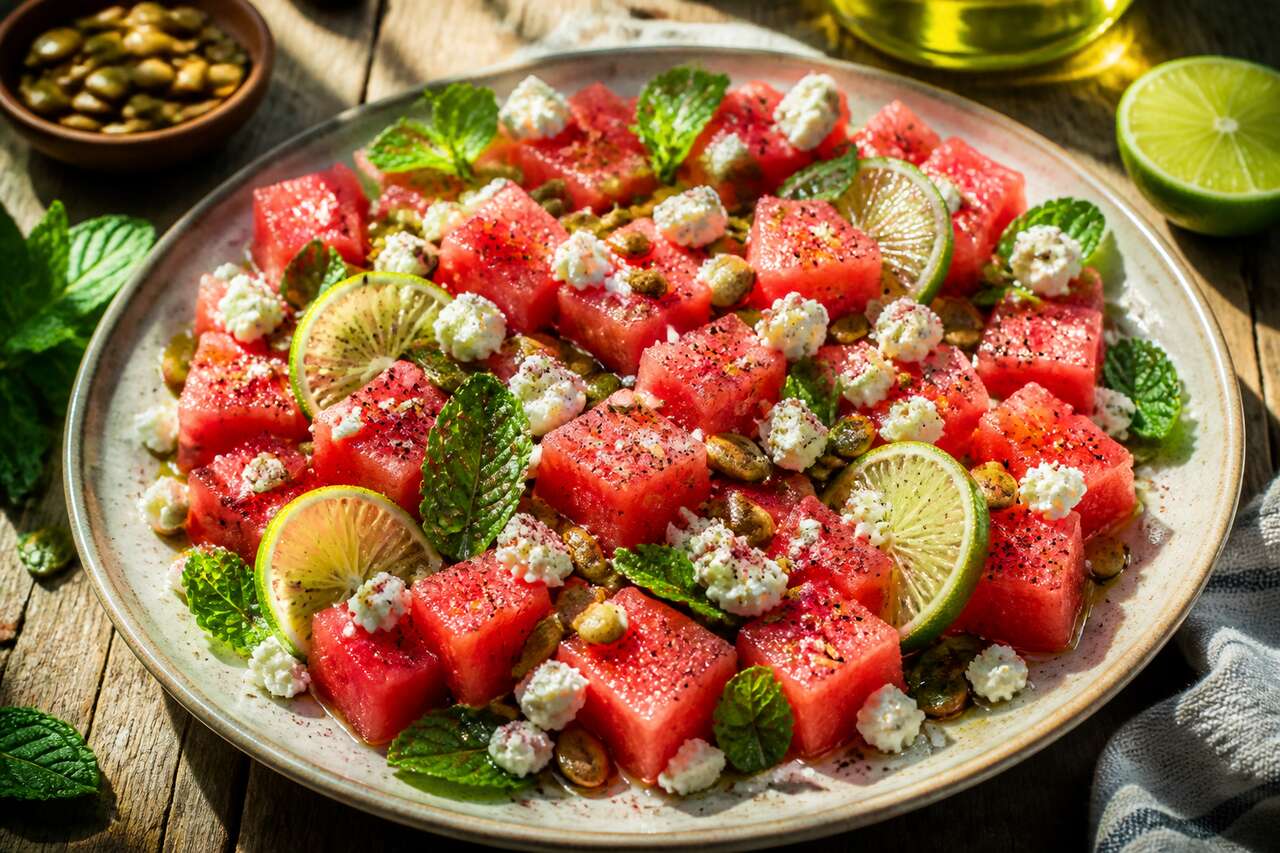 Salade fraîche : pastèque et fromage de brebis