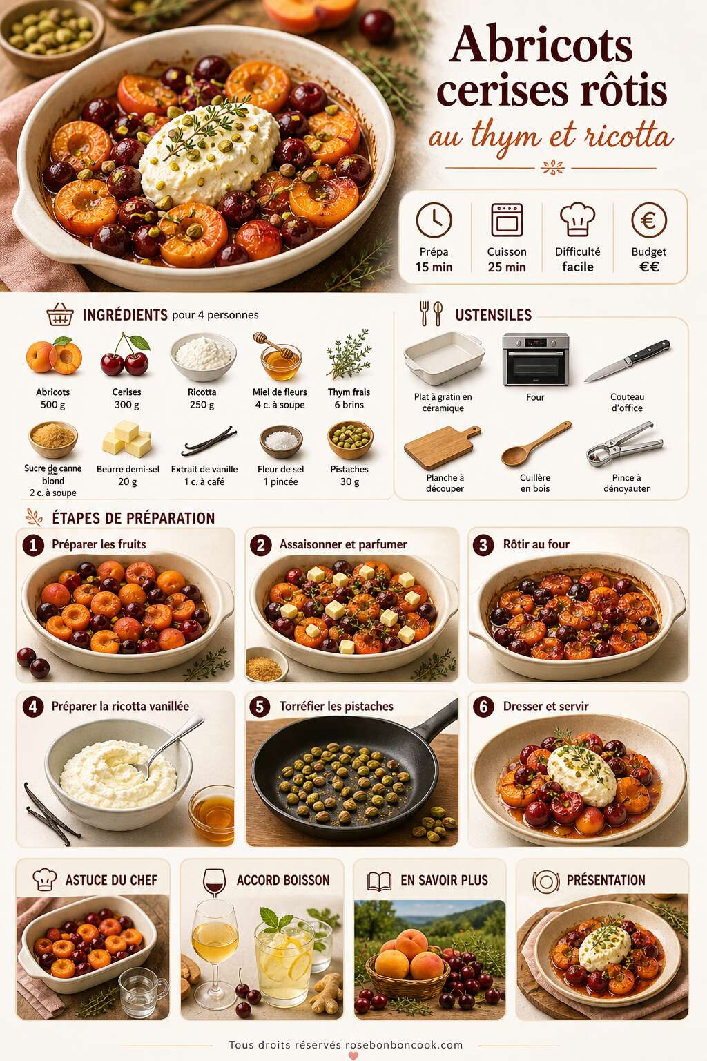 Fiche recette Abricots cerises rôtis au thym et ricotta : recette gourmande Fiche recette Abricots cerises rôtis au thym et ricotta : recette gourmande