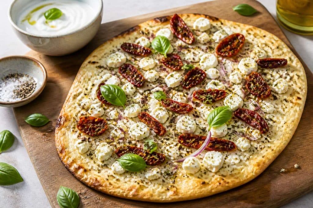 Tarte flambée estivale : tomates séchées et feta
