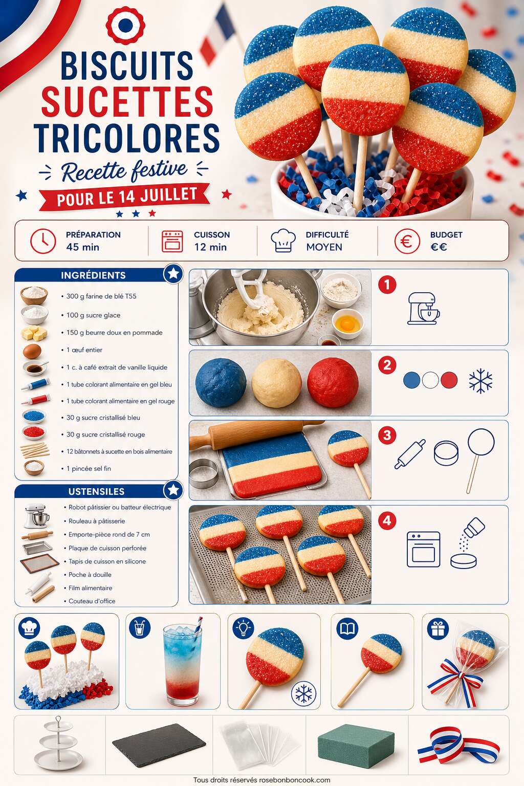 Fiche recette Biscuits sucettes tricolores : recette festive pour le 14 juillet Fiche recette Biscuits sucettes tricolores : recette festive pour le 14 juillet