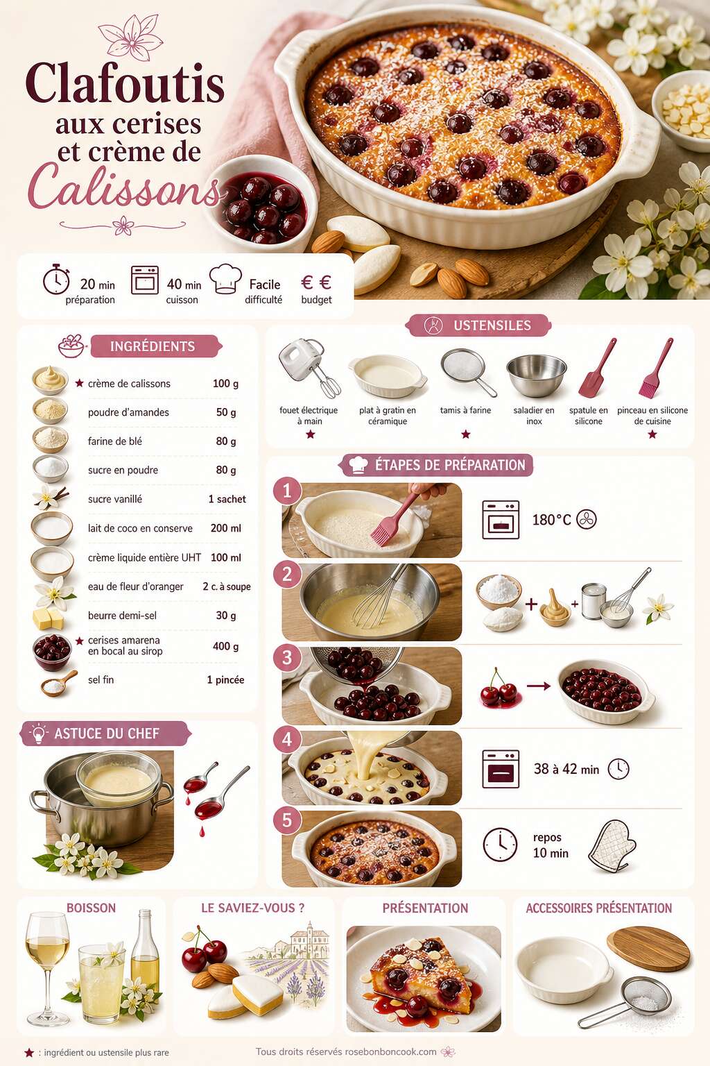 Fiche recette Clafoutis aux cerises et crème de Calissons : recette gourmande Fiche recette Clafoutis aux cerises et crème de Calissons : recette gourmande