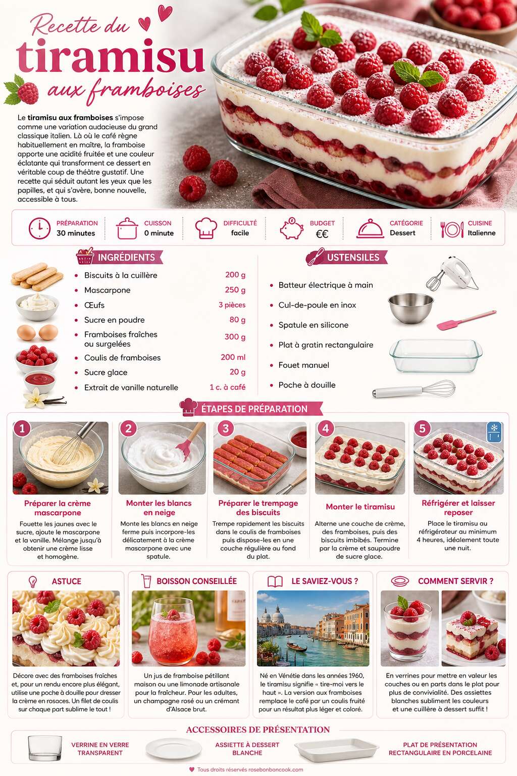 Fiche recette Recette du tiramisu aux framboises Fiche recette Recette du tiramisu aux framboises
