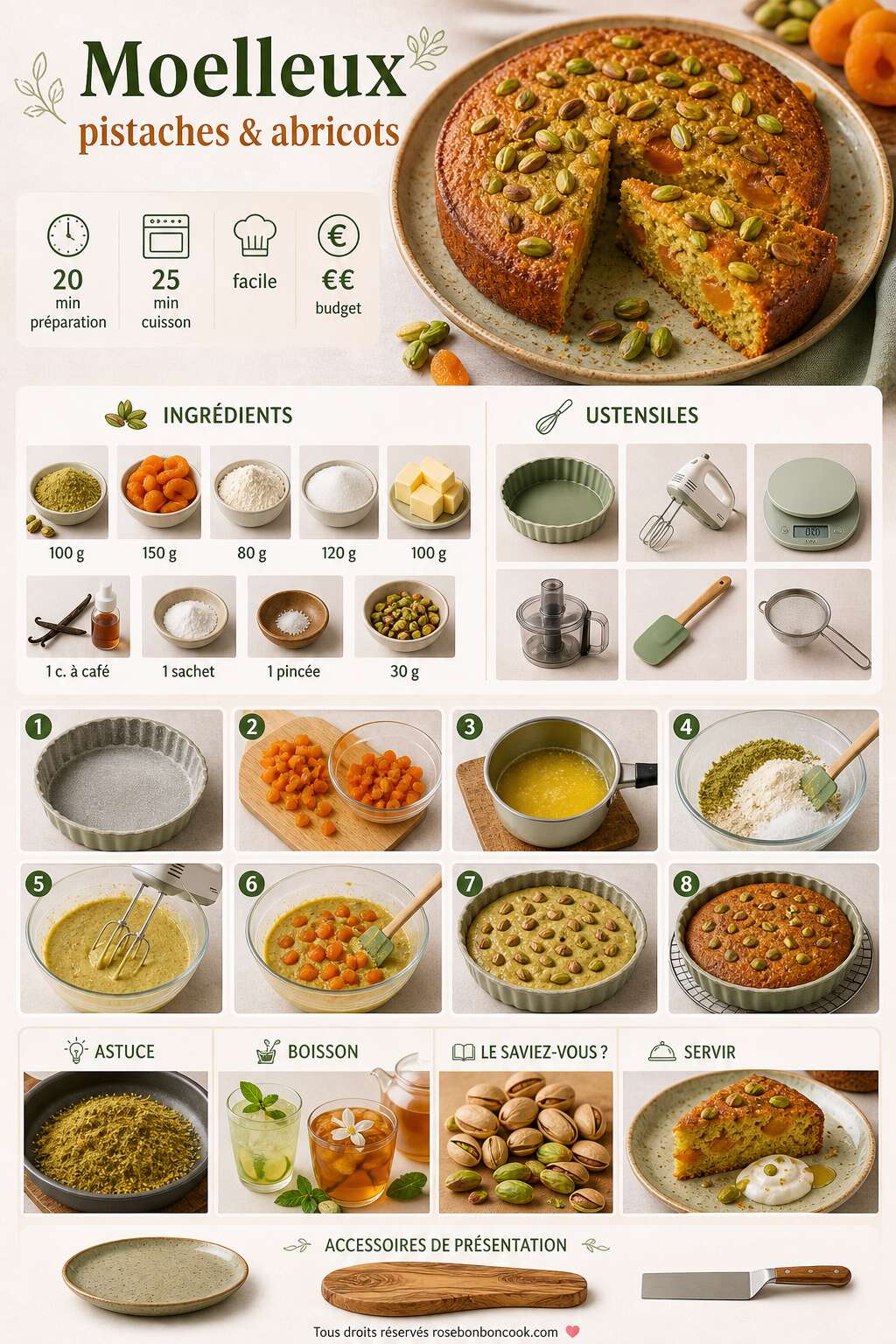 Fiche recette Recette de moelleux aux pistaches et abricots Fiche recette Recette de moelleux aux pistaches et abricots