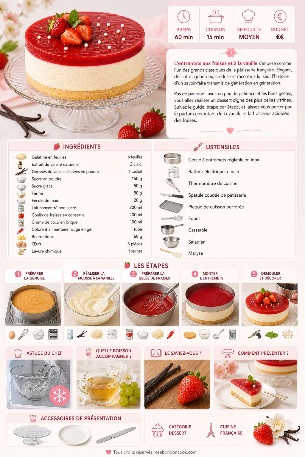 Fiche recette Recette d'entremets aux fraises et à la vanille Fiche recette Recette d'entremets aux fraises et à la vanille