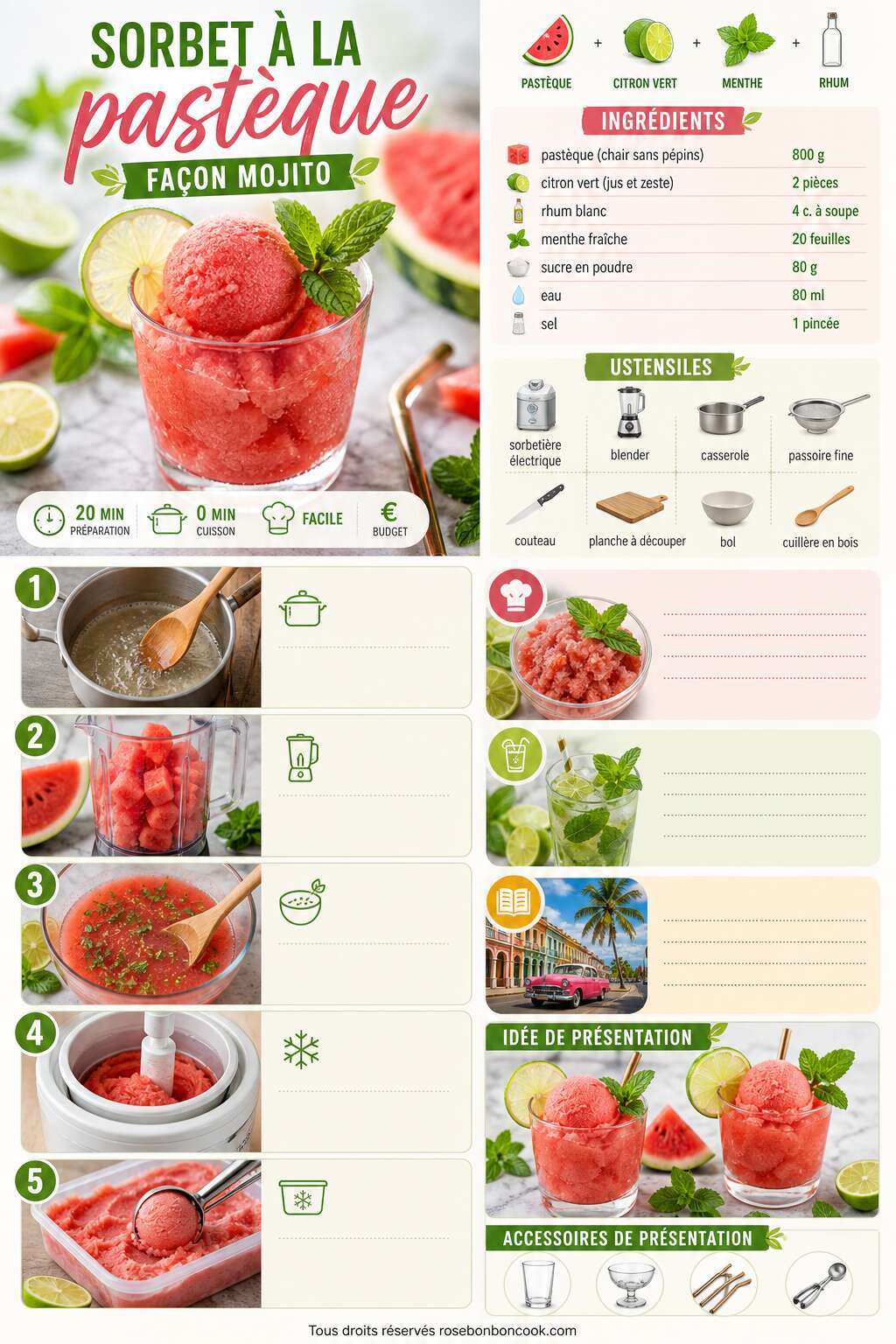 Fiche recette Sorbet à la pastèque façon mojito : recette rafraîchissante au citron vert, rhum & menthe Fiche recette Sorbet à la pastèque façon mojito : recette rafraîchissante au citron vert, rhum & menthe