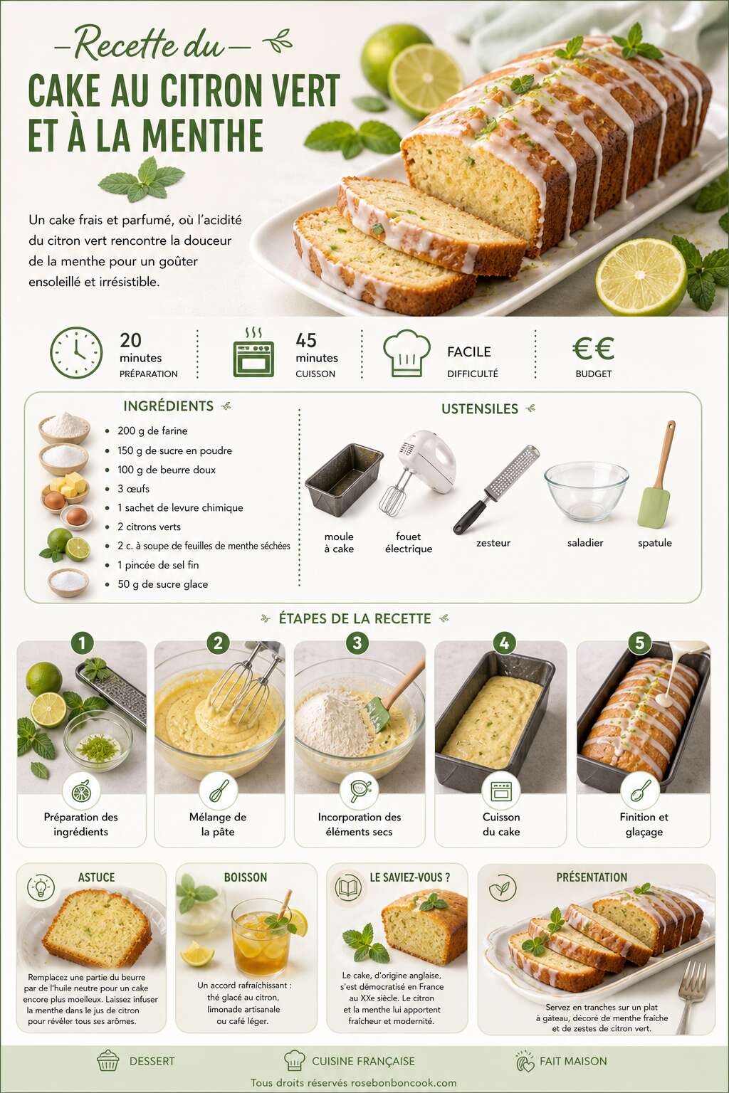 Fiche recette Recette du cake au citron vert et à la menthe Fiche recette Recette du cake au citron vert et à la menthe