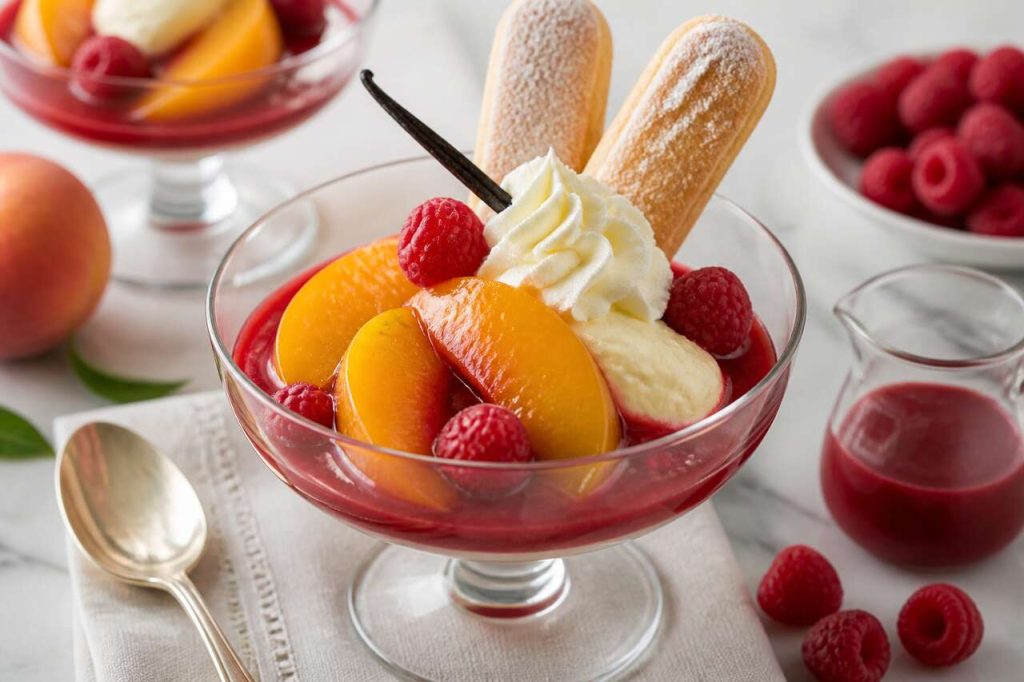 Recette d'entremets pêche Melba : pêche, framboise et vanille