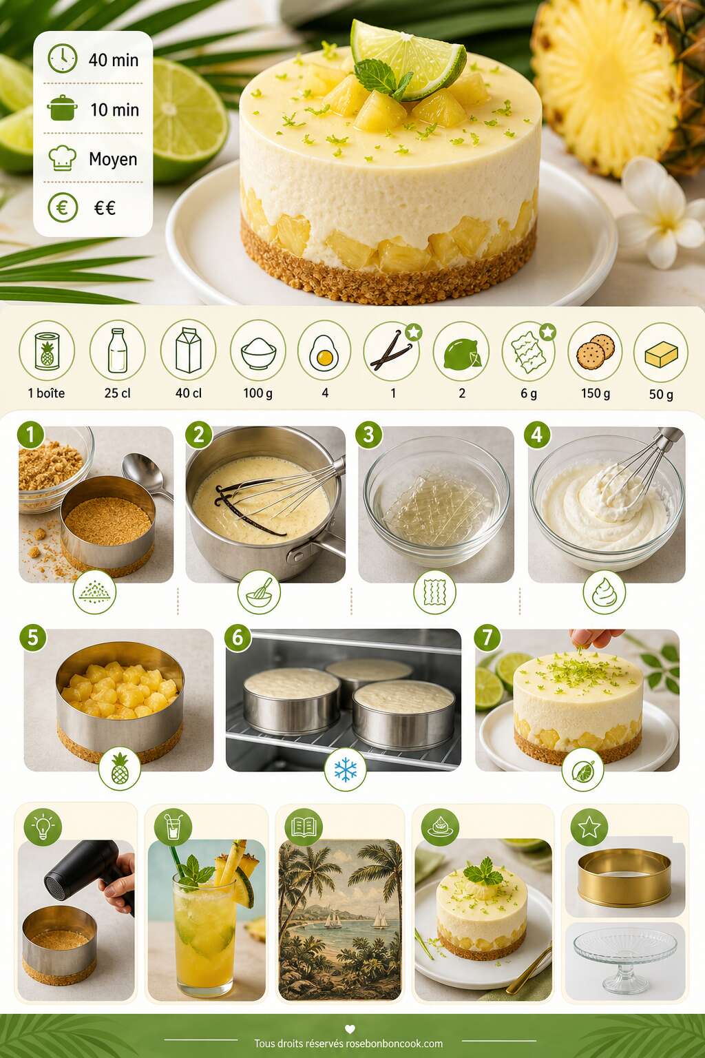 Fiche recette Recette d'entremets exotique ananas, vanille et citron vert Fiche recette Recette d'entremets exotique ananas, vanille et citron vert