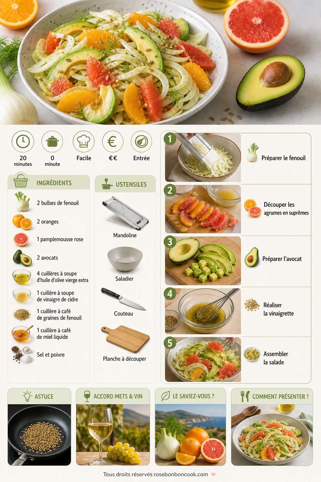 Fiche recette Salade fenouil, agrumes et avocat : recette fraîche et légère Fiche recette Salade fenouil, agrumes et avocat : recette fraîche et légère