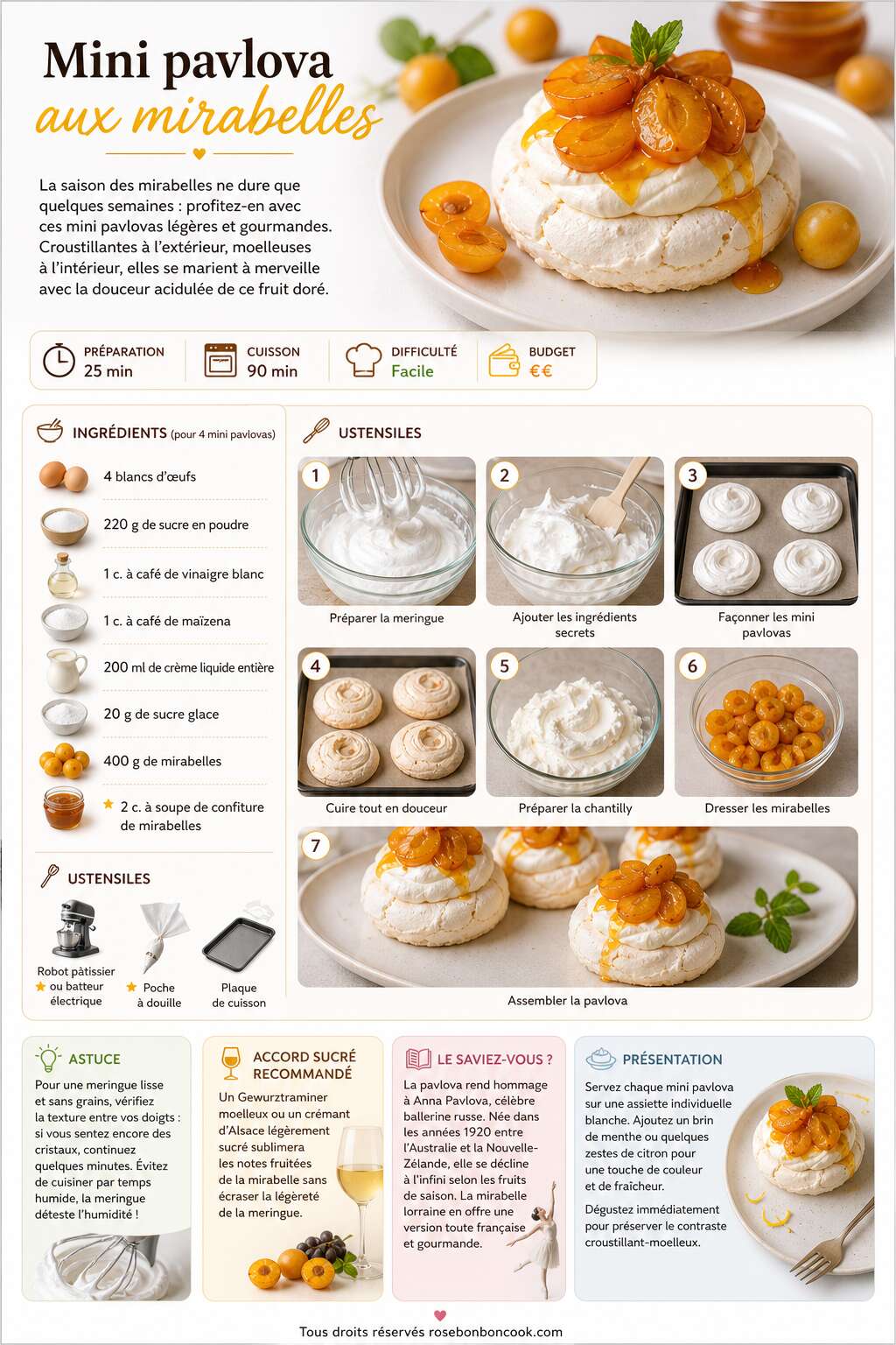Fiche recette Mini pavlova aux mirabelles : recette facile et délicieuse Fiche recette Mini pavlova aux mirabelles : recette facile et délicieuse