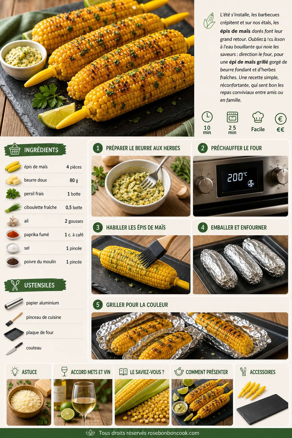 Fiche recette Épis de maïs grillés au four : recette au beurre et herbes Fiche recette Épis de maïs grillés au four : recette au beurre et herbes