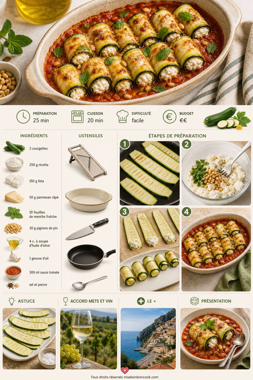 Fiche recette Involtini de courgettes : recette à la ricotta et feta Fiche recette Involtini de courgettes : recette à la ricotta et feta