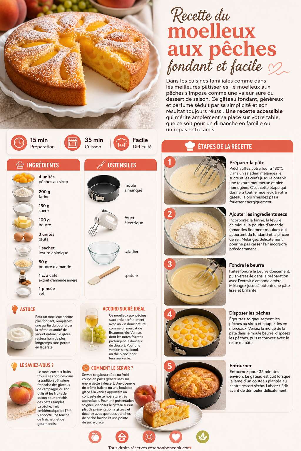 Fiche recette Recette du moelleux aux pêches fondant et facile Fiche recette Recette du moelleux aux pêches fondant et facile