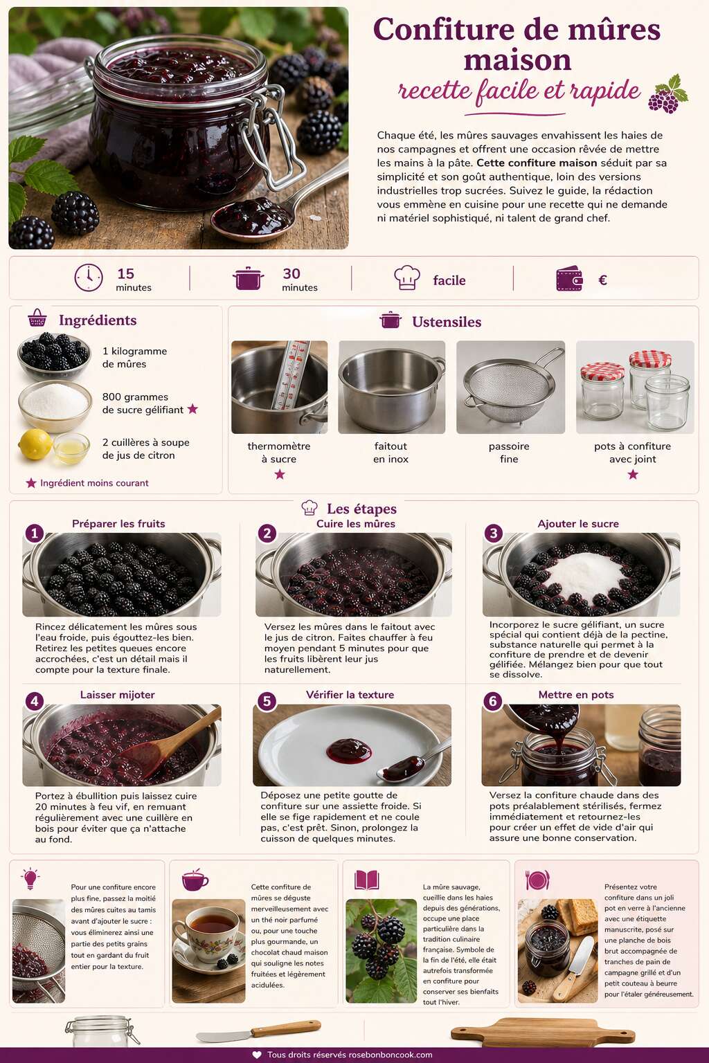 Fiche recette Confiture de mûres maison : recette facile et rapide Fiche recette Confiture de mûres maison : recette facile et rapide