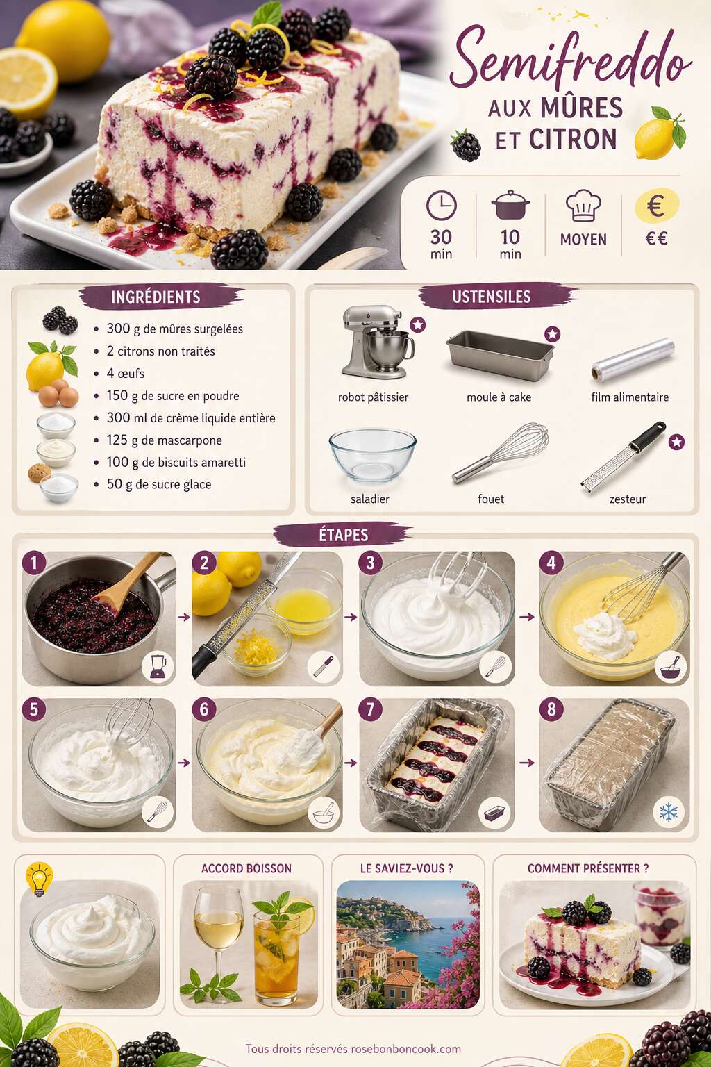 Fiche recette Recette de semifreddo aux mûres et citron Fiche recette Recette de semifreddo aux mûres et citron