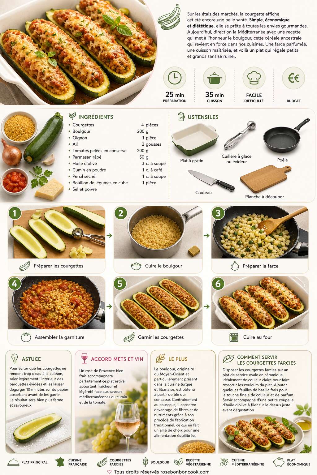 Fiche recette Courgettes farcies au boulgour : recette savoureuse Fiche recette Courgettes farcies au boulgour : recette savoureuse