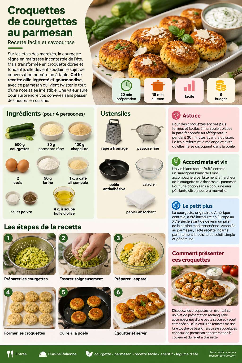 Fiche recette Croquettes de courgettes au parmesan : recette facile et savoureuse Fiche recette Croquettes de courgettes au parmesan : recette facile et savoureuse