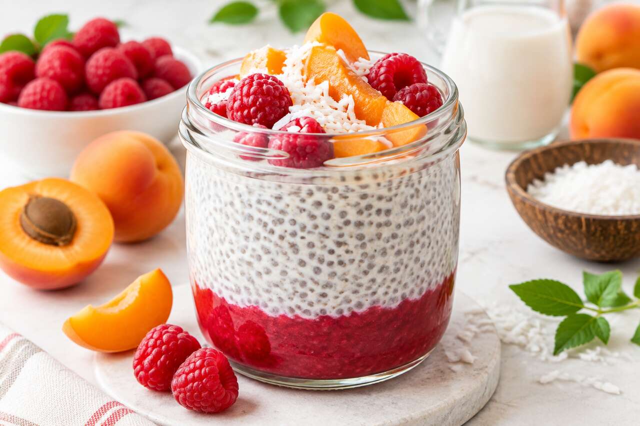 Chia pudding coco, framboises et abricot : recette facile et savoureuse
