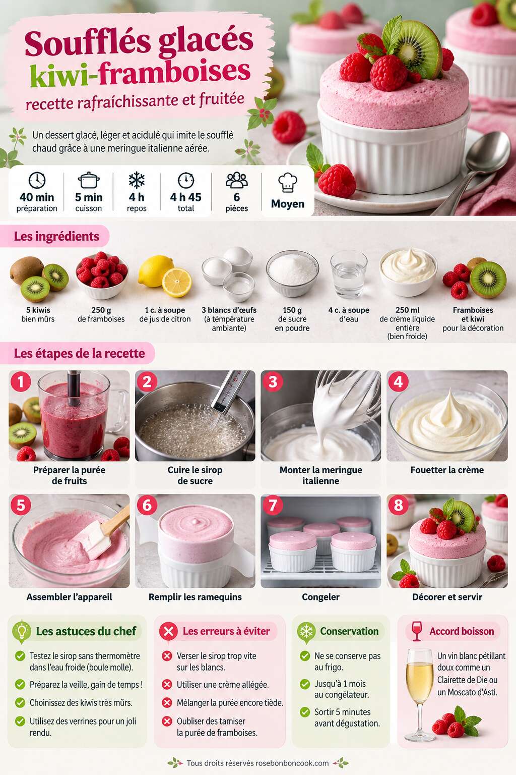 Fiche recette Soufflés glacés kiwi-framboises : recette rafraîchissante et fruitée Fiche recette Soufflés glacés kiwi-framboises : recette rafraîchissante et fruitée