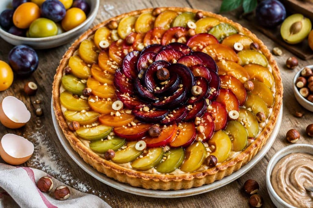 Tarte multicolore aux prunes et crème de noisettes