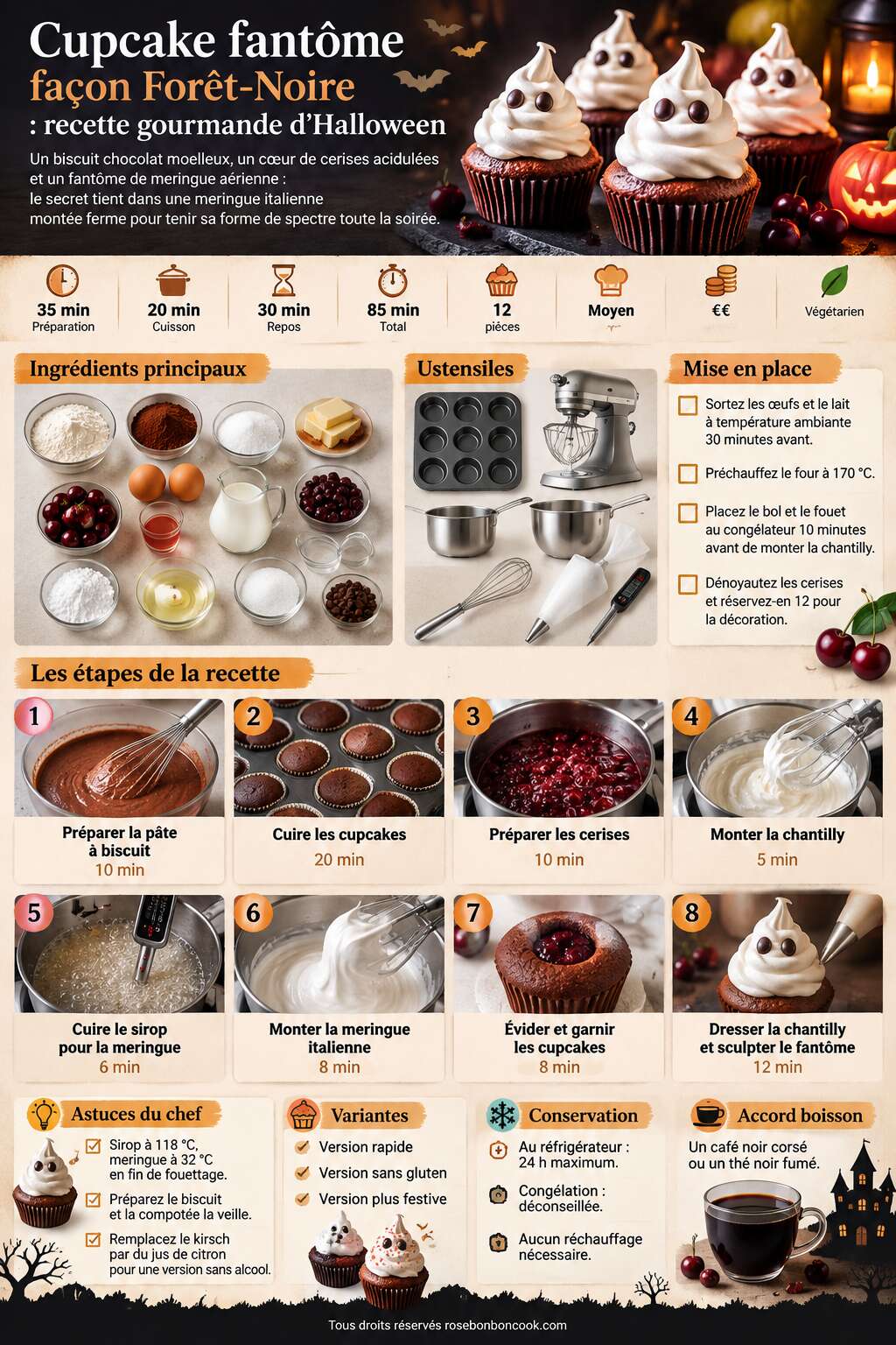Fiche recette Cupcake fantôme façon Forêt-Noire : recette gourmande d'Halloween Fiche recette Cupcake fantôme façon Forêt-Noire : recette gourmande d'Halloween