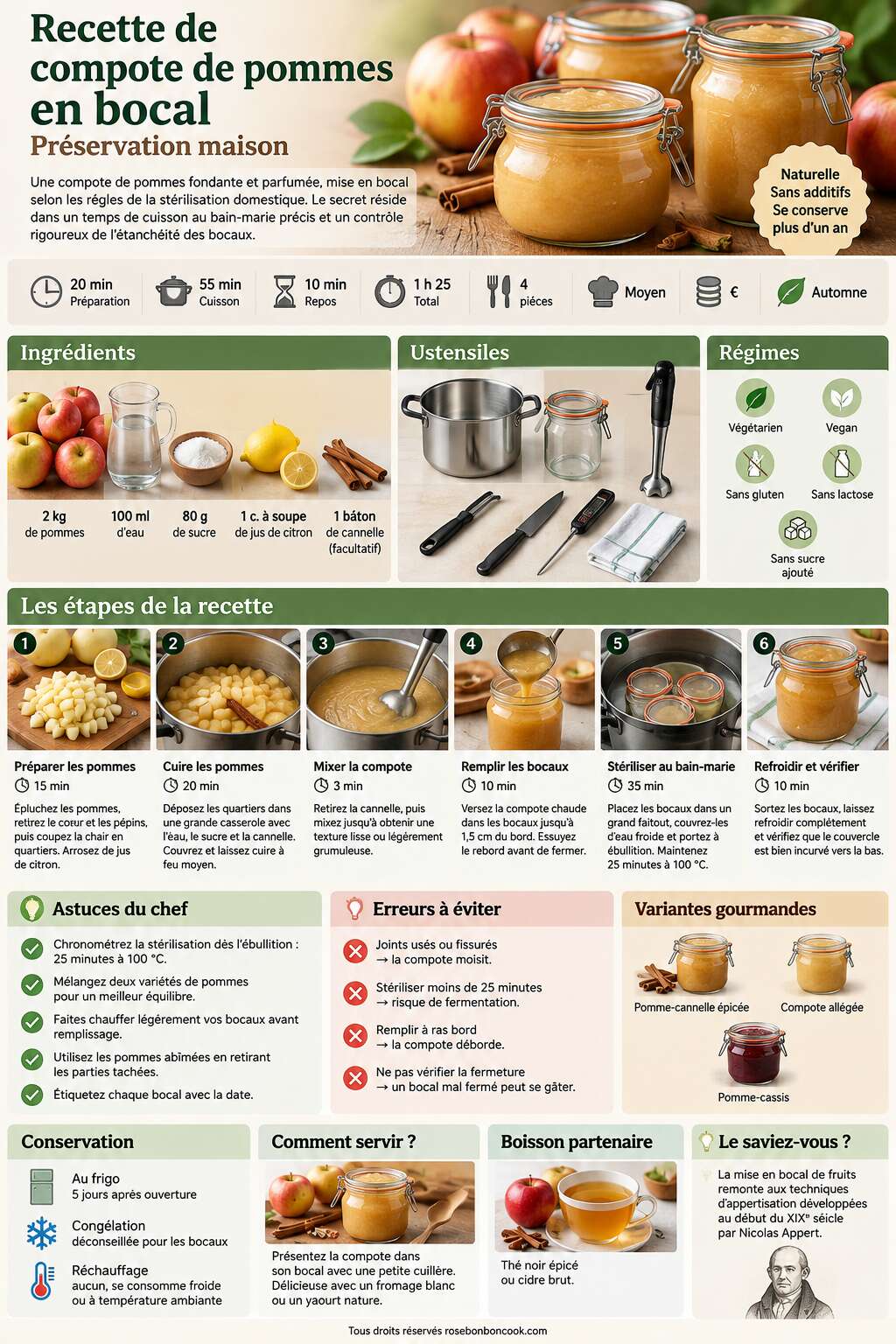Fiche recette Recette de compote de pommes en bocal : pr&eacute;servation maison