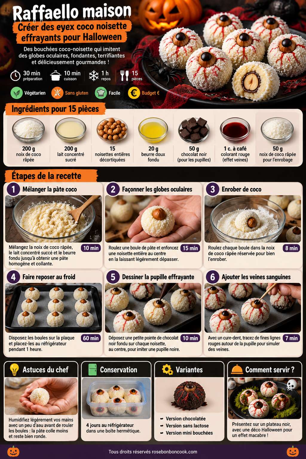 Fiche recette Raffaello maison : créer des yeux coco noisette effrayants pour Halloween Fiche recette Raffaello maison : créer des yeux coco noisette effrayants pour Halloween